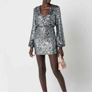 NWT O.P.T. Silver Gunmetal Sequins Bodycon Rumi Mini Dress Size US Smalll